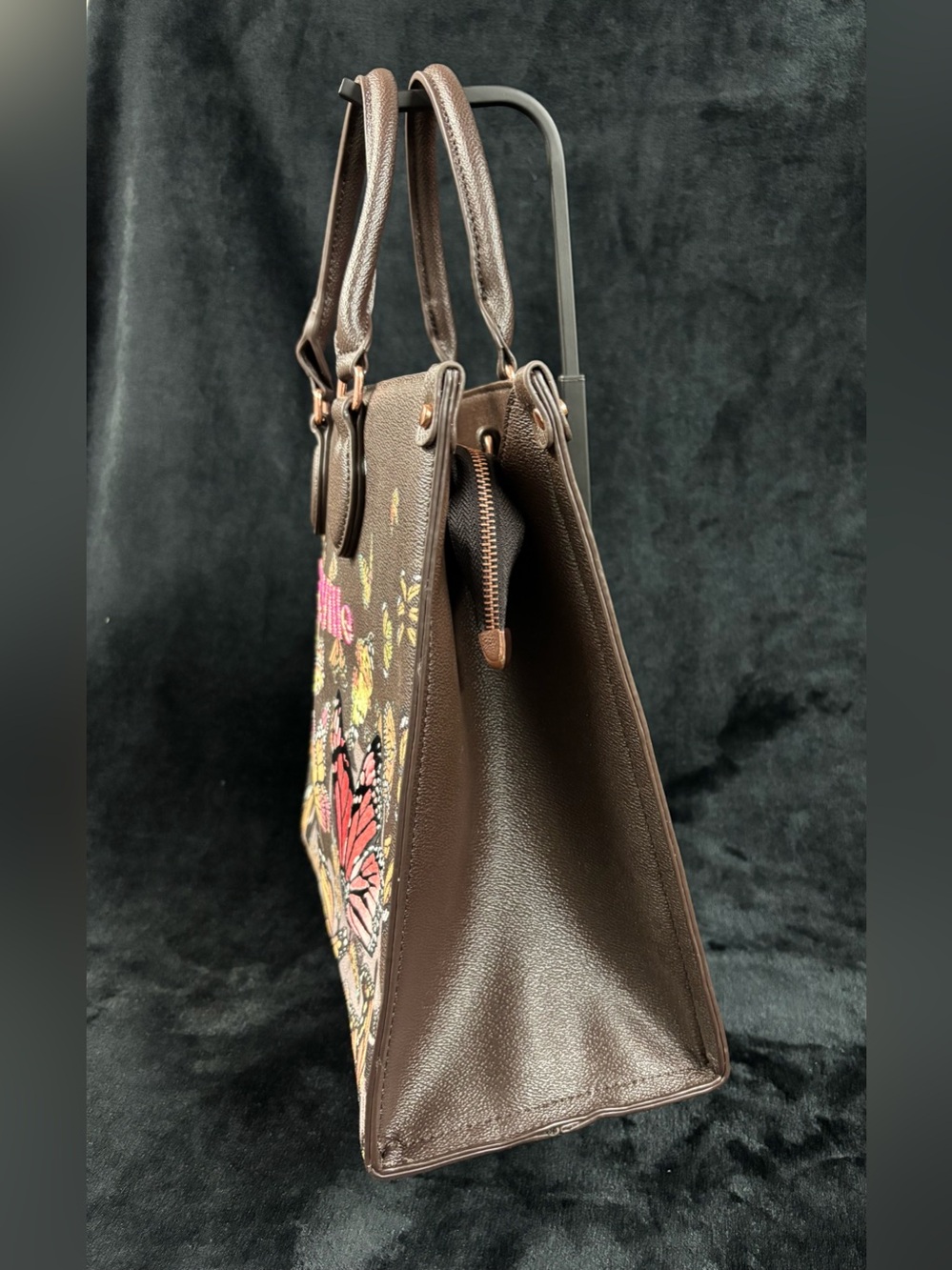 LuneVille Butterfly Coffee Brown Embroidered Large Tote Bag - Picture 4 of 14